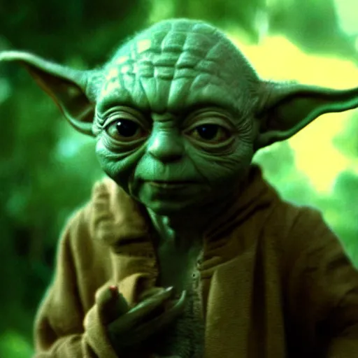 Prompt: A singular creature mix between Yoda and Gollum, center frame medium shot, shot on technicolor cinemascope 35mm anamorphic lense, flare, still from a movie