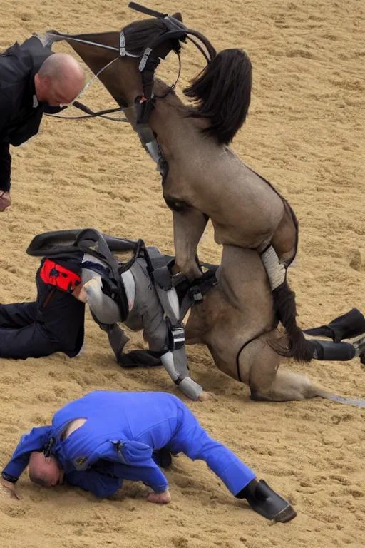 Image similar to horse wrestles astronaut pilot spaceman on all fours on hands and knees in grappling in closed guard on mount position