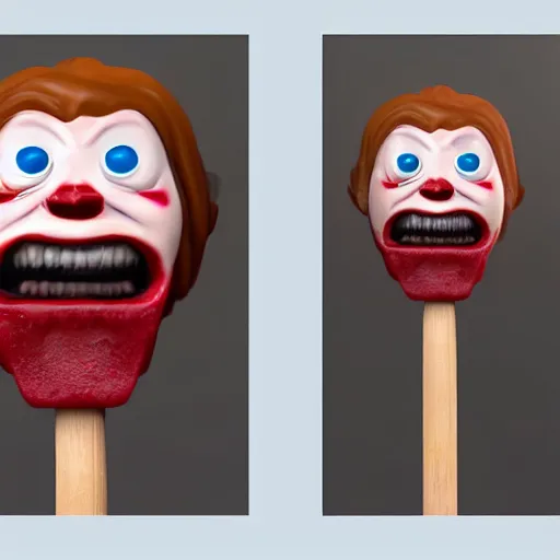 Image similar to ice cream popsicle shaped like screaming chucky doll, octane render, centered, highly detailed