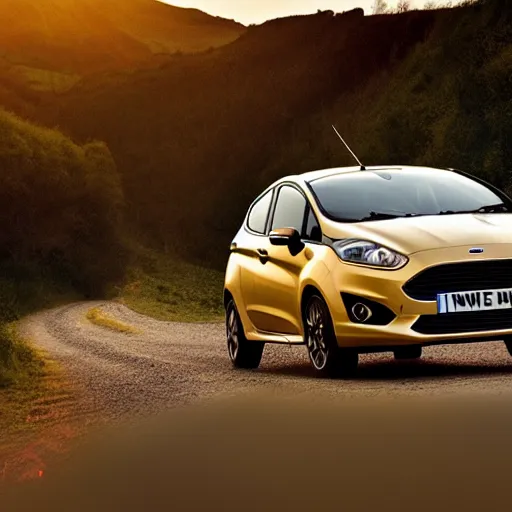 Image similar to ford fiesta mk 6 zetec on a mountain road, award winning photograph, golden hour