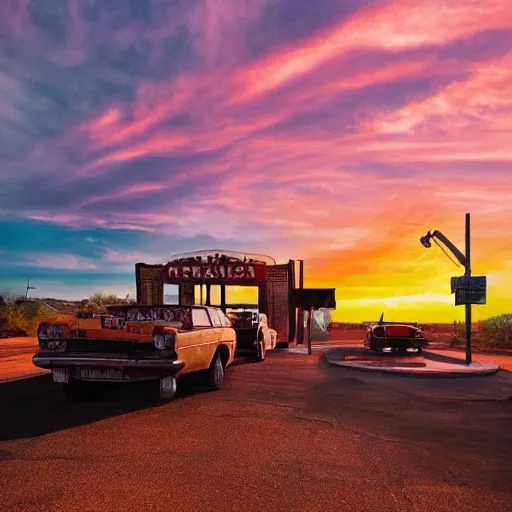 Image similar to a cute fluffy caracal in a sunset light landscape with historical route 6 6, lots of sparkling details and sun ray ’ s, blinding backlight, smoke, volumetric lighting, colorful, octane, 3 5 mm, abandoned gas station, beautiful epic colored reflections, very colorful heavenly, softlight