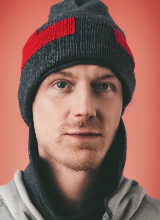 Image similar to portrait of a lithuanian man wearing a red beanie and sleeveless hoodie, gold necklace, highly detailed, realistic, studio quality, studio photo, studio lighting, trending on artstation, sharp focus, 4 k