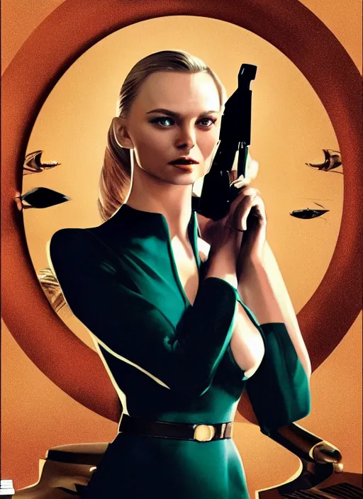 Image similar to Daria Strokous as a Bond Girl in a Retro James Bond movie poster in style of 007, cinematic, Makeup by Pat McGrath, realism, Greg rutkowski, trending on artstation, 1990s