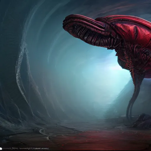 Image similar to An ovomorph from Aliens, volumetric fog, fantasy, medieval, vivid colors, elegant, concept art, sharp focus, digital art, Hyper-realistic, 4K, Unreal Engine, Highly Detailed, HD, Dramatic Lighting by Brom, trending on Artstation