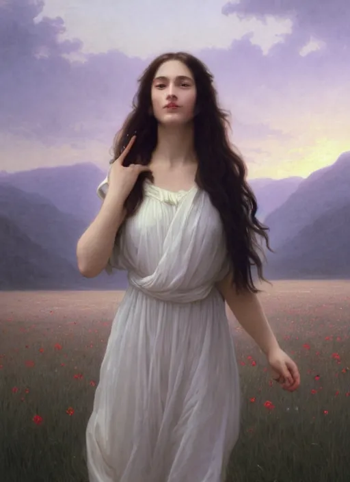 Prompt: oil painting portrait of a young woman with long flowing hair in a white dress, levitating floating over a field of flowers at sunset with mountains in the background, hazy, digital art, chiaroscuro, artstation, cinematic, golden hour, digital art painting by greg rutkowski, william - adolphe bouguereau, lu ji, hazy atmosphere, flowers, cinematic lighting