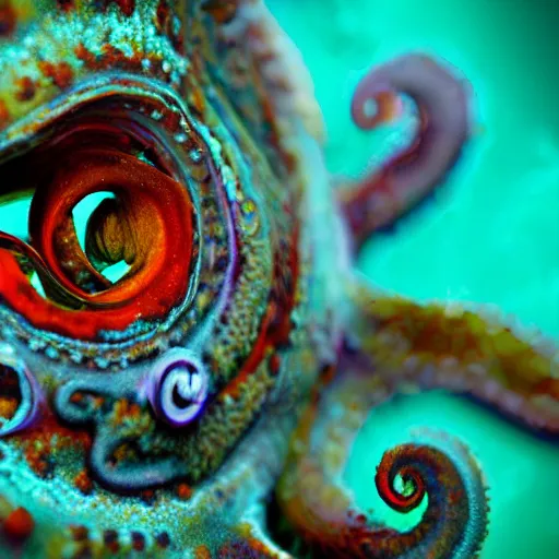 Image similar to fiery whimsical emotional eyes cephalopod, in a photorealistic macro photograph with shallow dof, in the deepest seas of the unconscious psyche