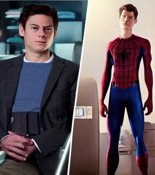 Image similar to peter parker with his suit removed to his waist seductive
