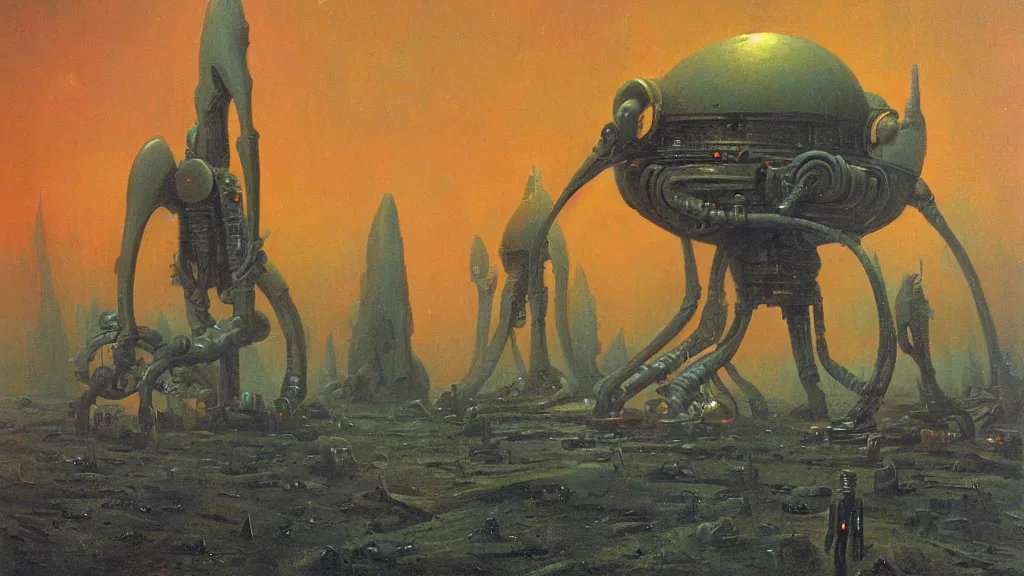 Image similar to mysterious whimsical sculpture of alien technology by paul lehr and john schoenherr and john harris, cinematic matte painting