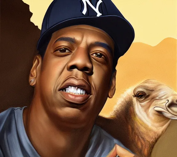 Image similar to portrait of jay - z shawn carter wearing a yankee baseball hat and a black t - shirt, standing next to a camel, sand desert fantasy, matte painting, highly detailed, art by artgerm, artstation