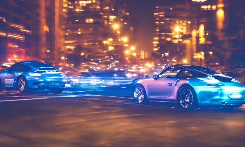 Image similar to photo of a porsche 911 at night driving fast through a city, cinematic, 4k, long exposure photography, blue and purple light
