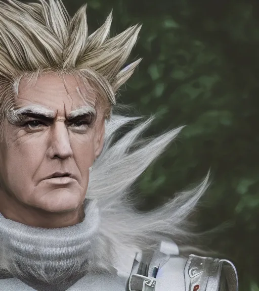 Image similar to award winning 5 5 mm close up portrait color photo of super saiyan trump, in a park by luis royo. fantasy horror style. soft light. sony a 7 r iv