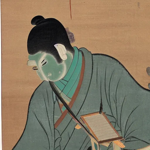 Image similar to a japanese ancient art style painting of an urban man firing a gun