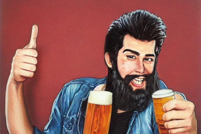 Image similar to a young man holding a beer giving a thumbs up with a long beard, 80s poster, detailed, uncropped, painted by Krenz Crushart