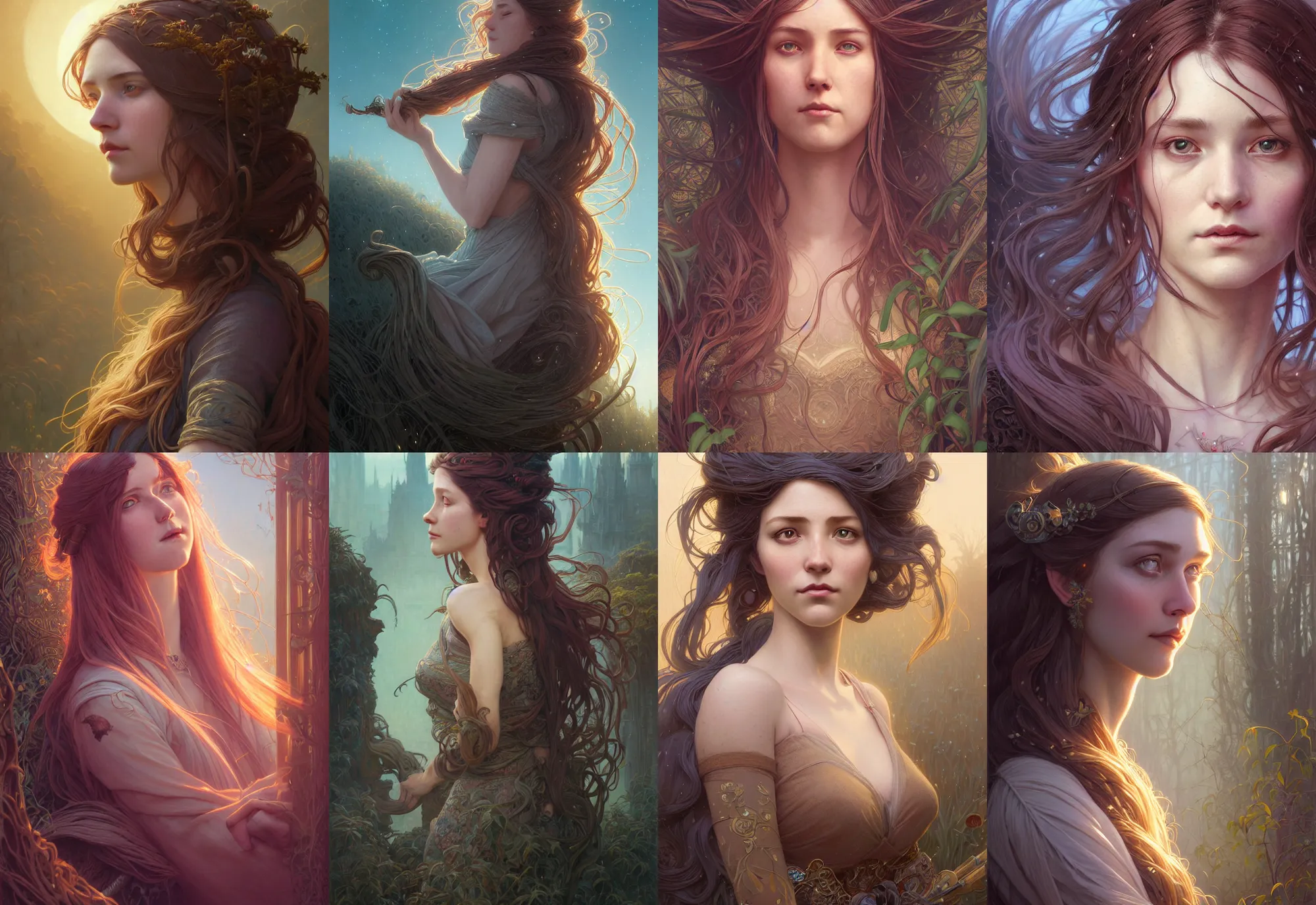 Image similar to highly detailed portrait of a woman with long hairs, stephen bliss, unreal engine, fantasy art by greg rutkowski, art nouveau, loish, rhads, ferdinand knab, makoto shinkai and lois van baarle, ilya kuvshinov, rossdraws, tom bagshaw, alphonse mucha, global illumination, radiant light, detailed and intricate environment