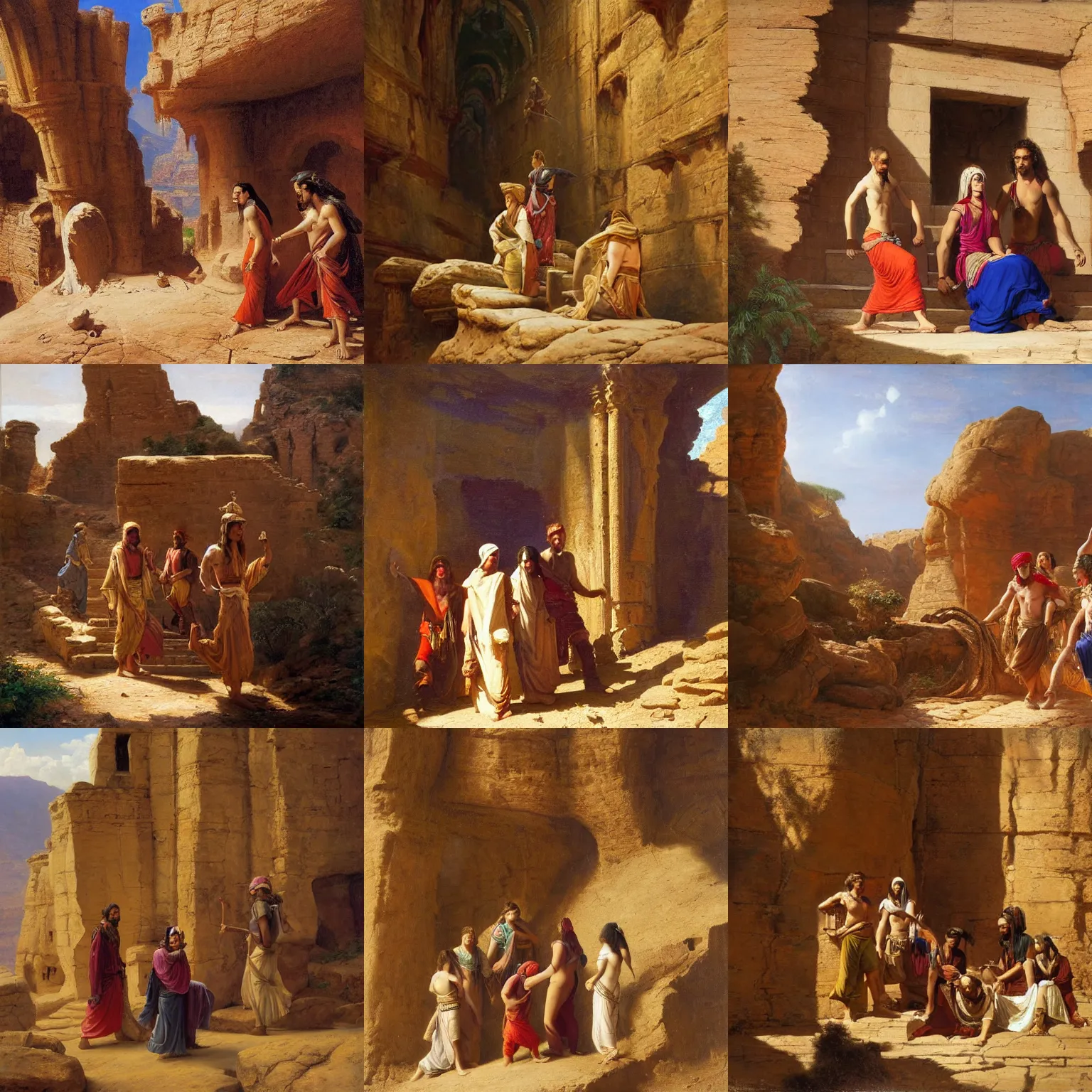 Prompt: orientalism painting of a group of adventurers exploring a sandstone ruin by Edwin Longsden Long and Theodore Ralli and Nasreddine Dinet and Adam Styka, masterful intricate artwork. Oil on canvas, excellent lighting, high detail 8k