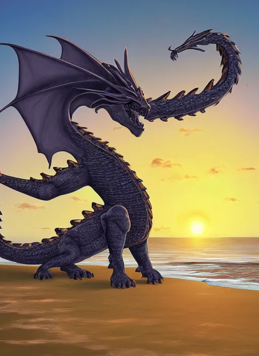 Image similar to a humanoid dragon sitting on the beach, sunrise. digital art