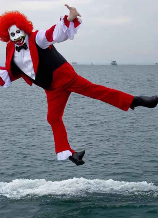 Prompt: 8 0 mm vladamir putin dressed as a clown falling off a boat 4 k, full body,