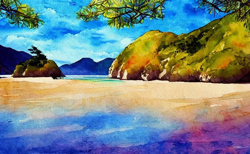 Prompt: golden bay abel tasman new zealand in the style of vibrant watercolor painting, digital art, high quality, highly detailed, high coherence,, concept art, marterpiece