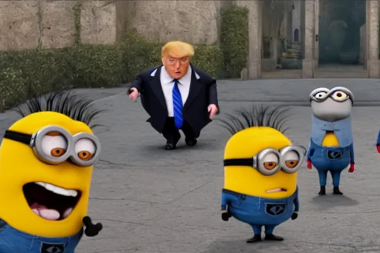 Image similar to donald trump as gru, being followed by minions, movie still