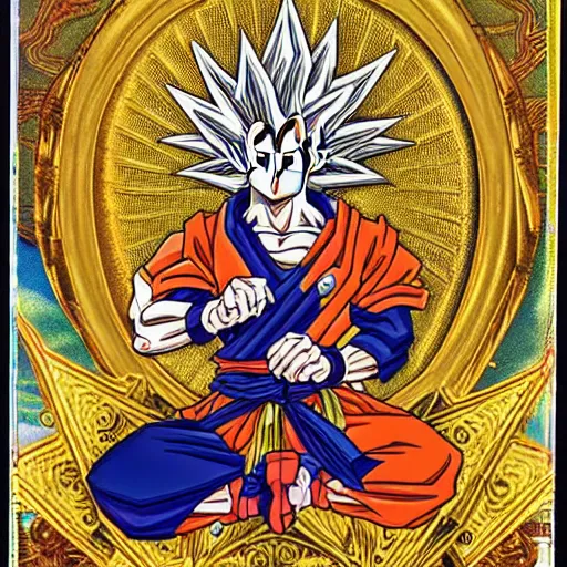 Prompt: goku as a saint seya, gold armour, detailed, vibrant color, intricate ornament