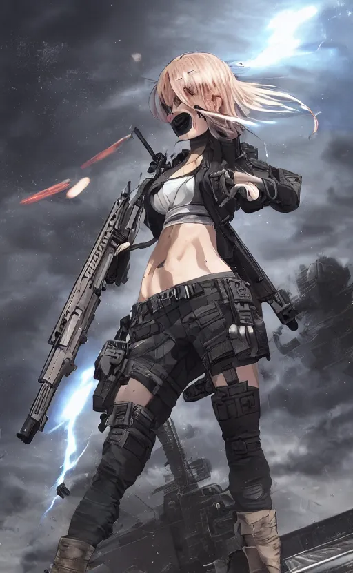 Prompt: highly detailed, high resolution, character design art, stunning, volumetric lightning, realistic guns, girls frontline style, matte, sharp focus, 130mm, illustration, artstation, by yusuke kozaki, professional result, realistic human anatomy, simple design, realistic military gear, metal gear style, videogame inspired