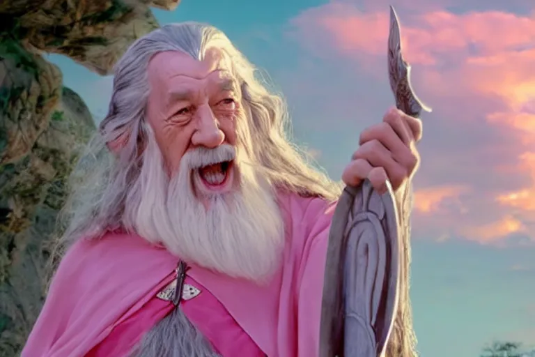 Image similar to portrait of Gandalf wearing pink Hello kitty costume, laughing, sunrise, movie still from Lord of the Rings, cinematic