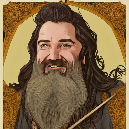 Image similar to art nouveau portrait of tom kenny as a dwarven barbarian with full luscious groomed beard, long flowing hair, a cheeky smile, gold filigree, mucha