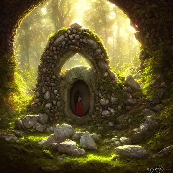 Image similar to Fantasy Magical fairy-tale stone portal in the forest. Round stone portal teleport in trees to other worlds. Fantastic landscape. Magic Altar in the fores, highly detailed, digital painting, artstation, concept art, smooth, sharp focus, illustration, art by artgerm and greg rutkowski and alphonse mucha