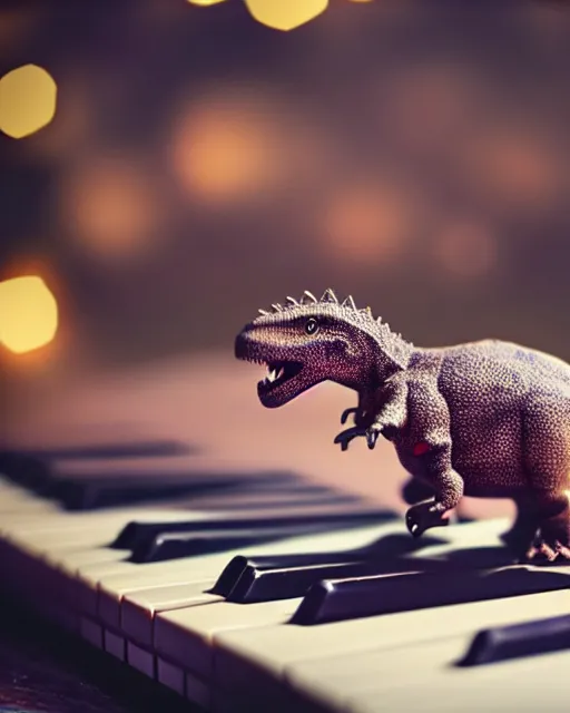 Image similar to a dinosaur playing a piano, photorealistic, bokeh, soft focus