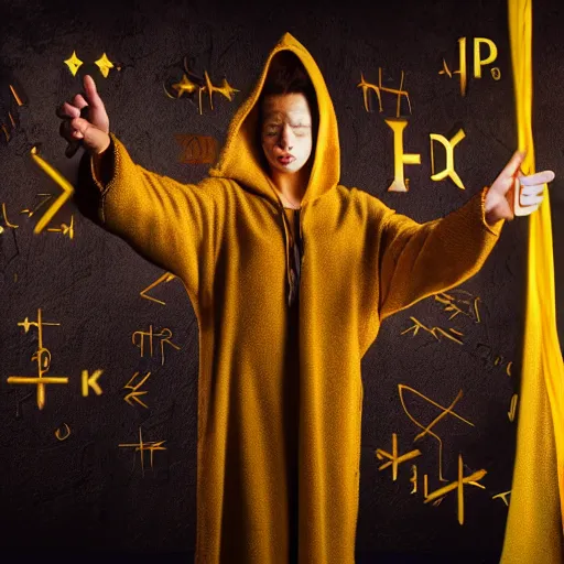 Image similar to award - winning. hyper - realistic. cinematic. 4 k. a person wearing hooded frayed yellow robes casting a spell while yellow magic runes float behind them. dark background