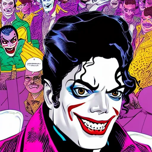 Image similar to dynamic macro head portrait of beautifu michael jackson as the joker in white sequined jacket by john romita sr and cory walker and ryan ottley and jack kirby and barry windsor - smith, comic, illustration, photo real