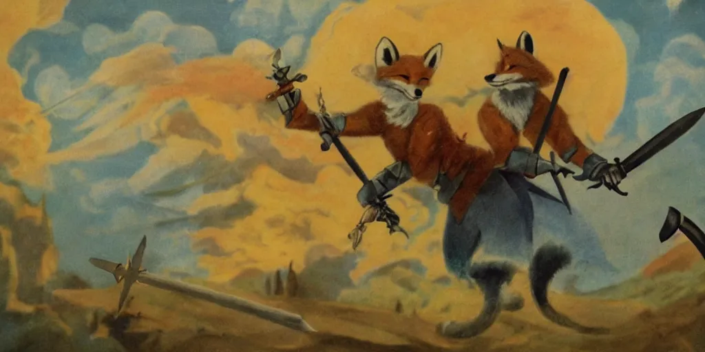 Image similar to anthropomorphic fox who is a medieval knight pointing a sword towards a stormy thundercloud 1 9 3 0 s film still, ladislas starevich