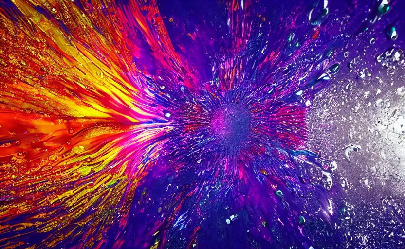 Prompt: slow motion mercury splash, psychedelic liquid, wet shiny surfaces, mathematical fluid dynamics, modern luxury animation, artstation, HD render 4k