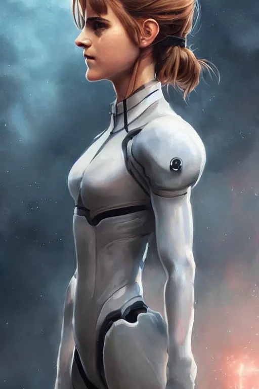 Image similar to hyper realistic painting of emma watson in an eva plugsuit. hyper detailed face. anime concept art. 4 k. art by greg rutkowski trending on artstation. extremely detailed.