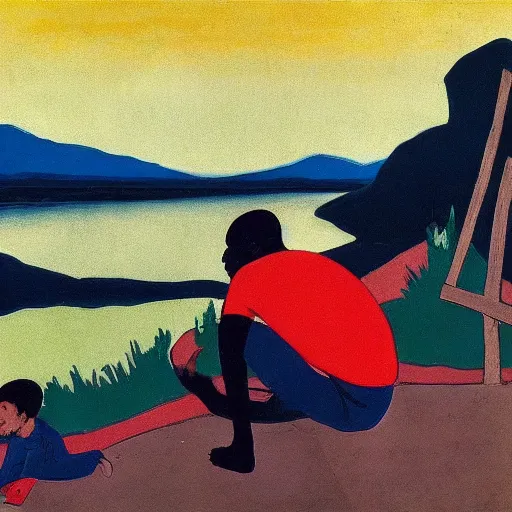 Prompt: a scenic view of a kid on a florest t with a ghost that shines near to a lake, pale light, a realistic colorful painting by Jacob Lawrence