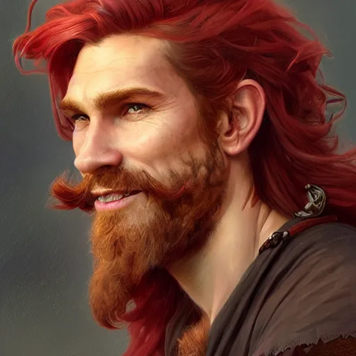 Image similar to portrait of a young ruggedly handsome but joyful pirate, male, masculine, upper body, crimson hair, long hair, d & d, fantasy, smirk, intricate, elegant, highly detailed, digital painting, artstation, concept art, matte, sharp focus, illustration, art by artgerm and greg rutkowski and alphonse mucha