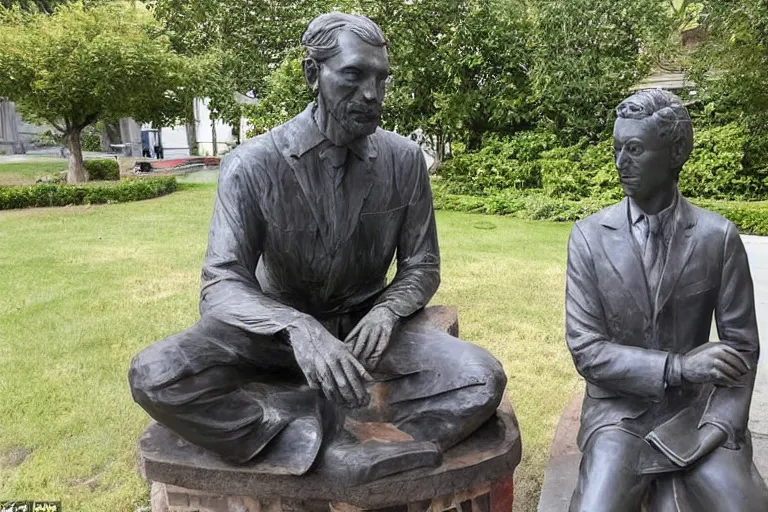 Image similar to a man who is sitting upright in a chair is touching a completed statue