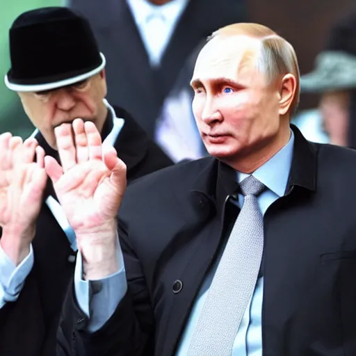 Image similar to putin wearing a black leather hat, facing the camera, cool looking