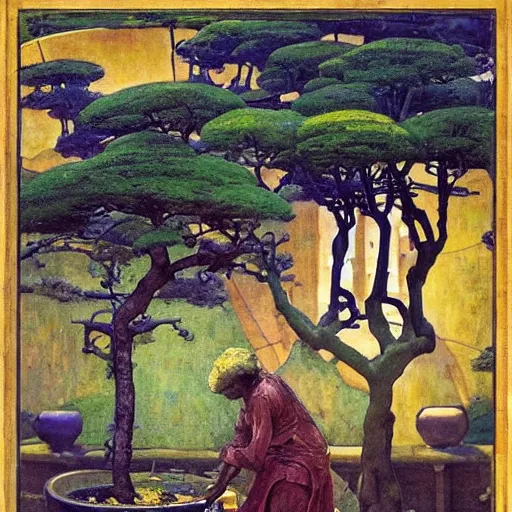 Image similar to Old African gardener cutting bonsai trees, isyllic Garden, by Annie Swynnerton and Nicholas Roerich and jean delville, glowing paper lanterns, strong dramatic cinematic lighting , ornate tiled architecture, lost civilizations, smooth, sharp focus, extremely detailed