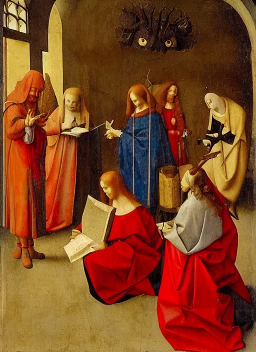 Image similar to fallen angels dressed in red reading the bible and arguing in Tuscany by Jan van Eyck, Hieronymus Bosch, Johannes Vermeer 4k post-processing, highly detailed medieval painting