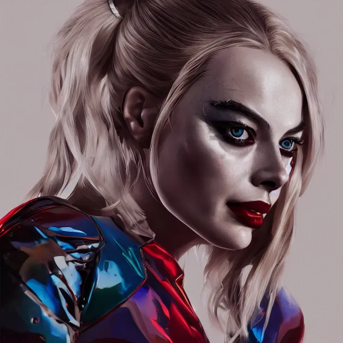 Image similar to portrait of Margot Robbie as a harley quinn. intricate abstract. intricate artwork. by Tooth Wu, wlop, beeple, dan mumford. octane render, trending on artstation, greg rutkowski very coherent symmetrical artwork. cinematic, hyper realism, high detail, octane render, 8k, iridescent accents