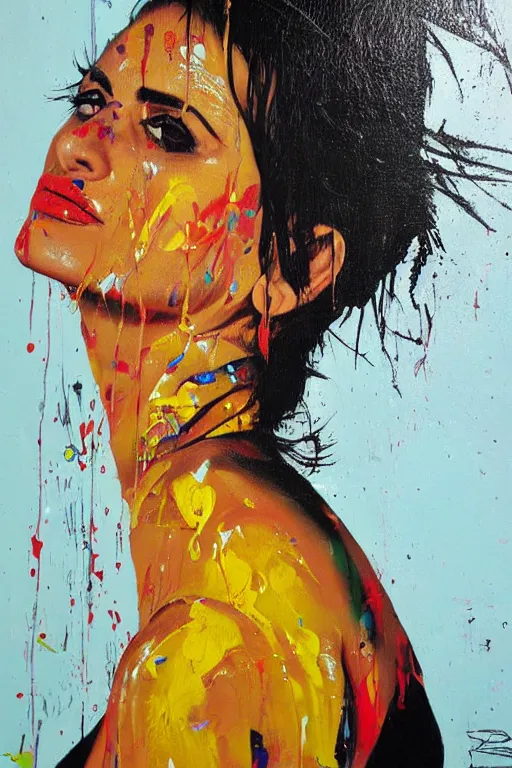 Image similar to oil painting, portrait of penelope cruz, graffiti, splash painting, by bansky