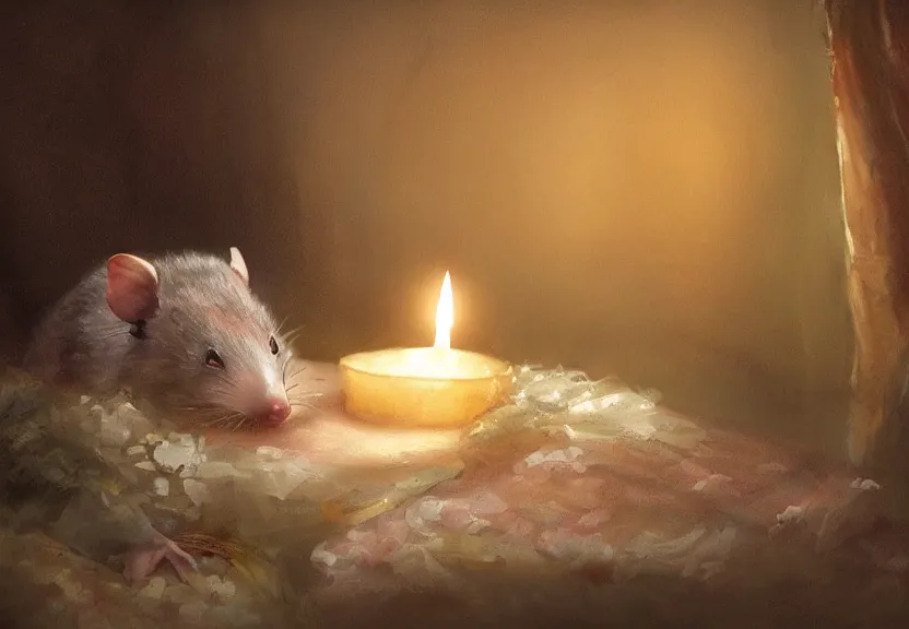 Image similar to cute possum sleeping inside a bed in a medieval cluttered cottage at night under the dim light of a candle, dark fantasy, dreaming illusion, trending on artstation