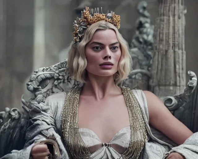 Image similar to Margot robbie as a goddess in heaven, Photography, Cinematic, Portrait, insanely detailed and intricate, hypermaximalist, elegant, ornate, hyper realistic, super detailed