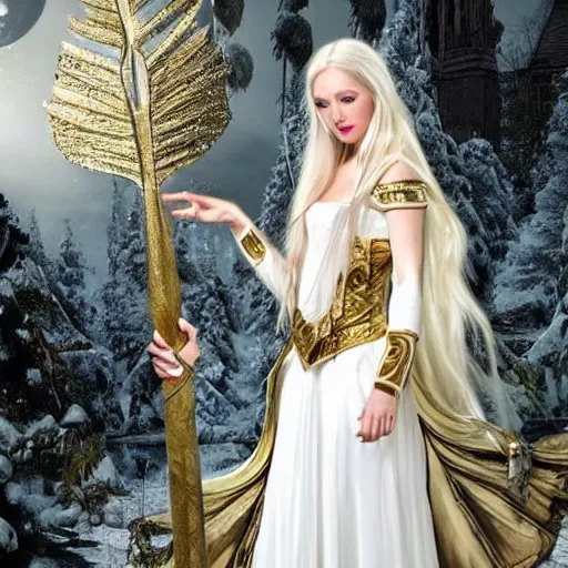 Image similar to perfect image of an elven woman dressed in white and gold