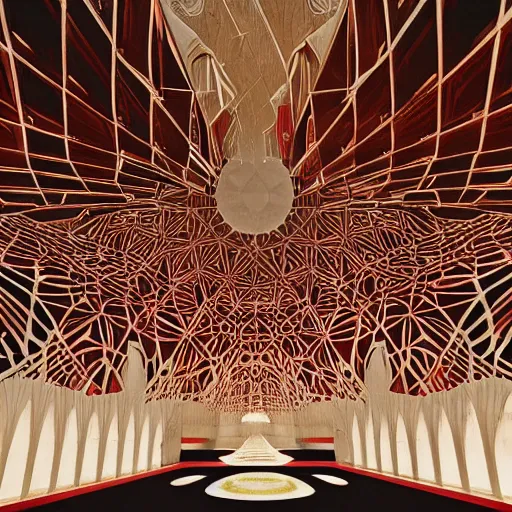 Prompt: interior of a futuristic lotus mosque cathedral with gold, red and white marble panels, in the desert, by buckminster fuller and syd mead, intricate contemporary architecture, photo journalism, photography, cinematic, national geographic photoshoot