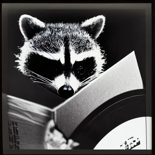 Image similar to close - up, photo of a humanoid raccoon wearing a hoodie, holding a vinyl record, 9 0 - s, polaroid photo, by warhol,