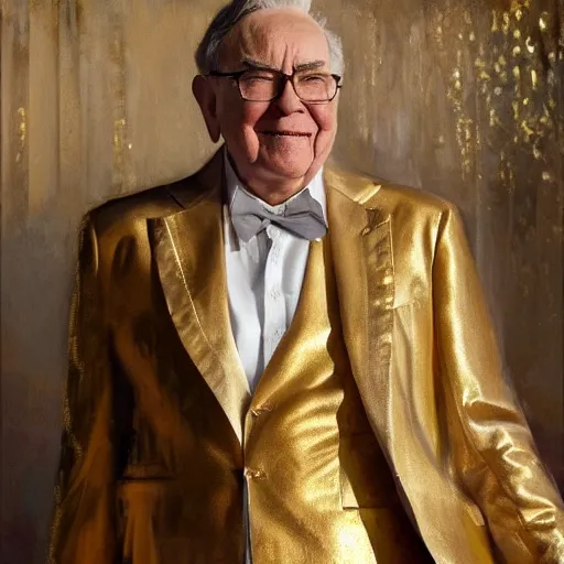 Prompt: detailed realistic cinematic wide shot of beautiful attractive young warren buffet hybrid bear tech man wearing gold suit robe slim face symettrical face clean skin black eyes black robe smooth, sharp focus, ultra realistic, spring light, painting by gaston bussiere, craig mullins, j. c. leyendecker