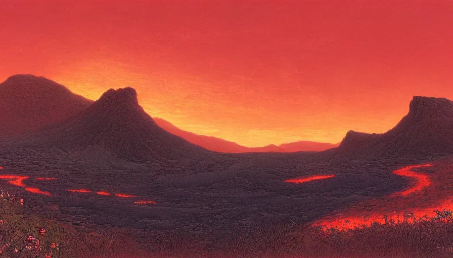 Prompt: an ashen land with obsidian mountains and rivers of lava, red sky, in the foreground there are flowers, by Ted Nasmith