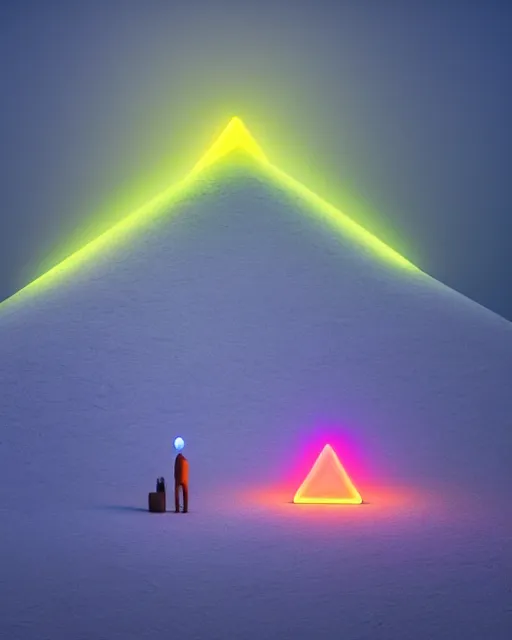 Image similar to a man standing in the middle of a mountain with a glowy neon triangle, a render by filip hodas, behance contest winner, environmental art, rendered in cinema 4 d, volumetric lighting